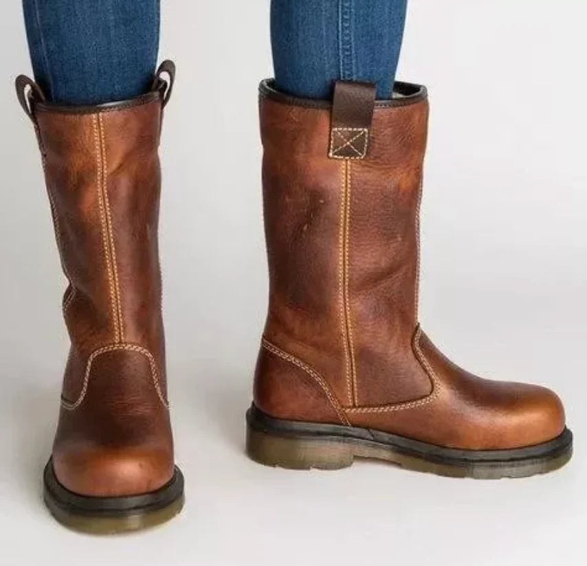 Una Pull-On Leather Winter Boots with Warm Lining for Women