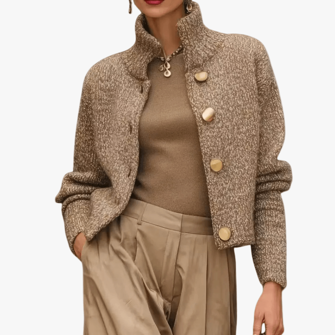 Women's Cropped Knit Sweater Jacket with Stand Collar and Button Front