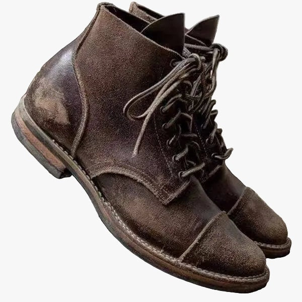 Men's Distressed Leather Lace-Up Boots with Cap Toe Stitching