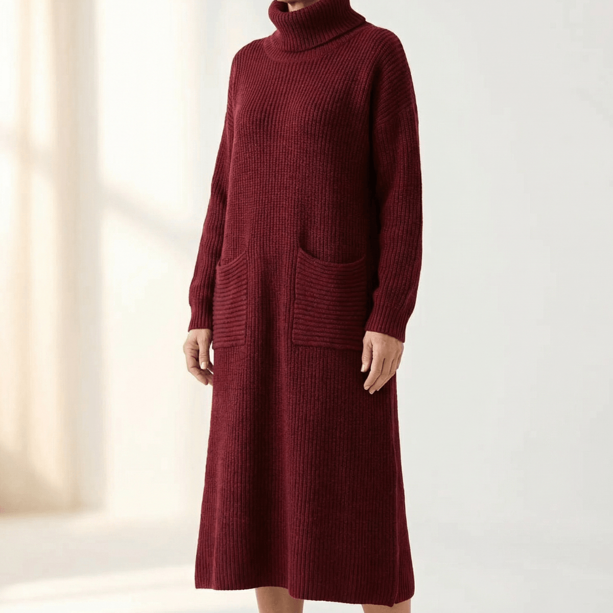 Velara Women's Relaxed Turtleneck Knitted Sweater Maxi Dress with Pockets