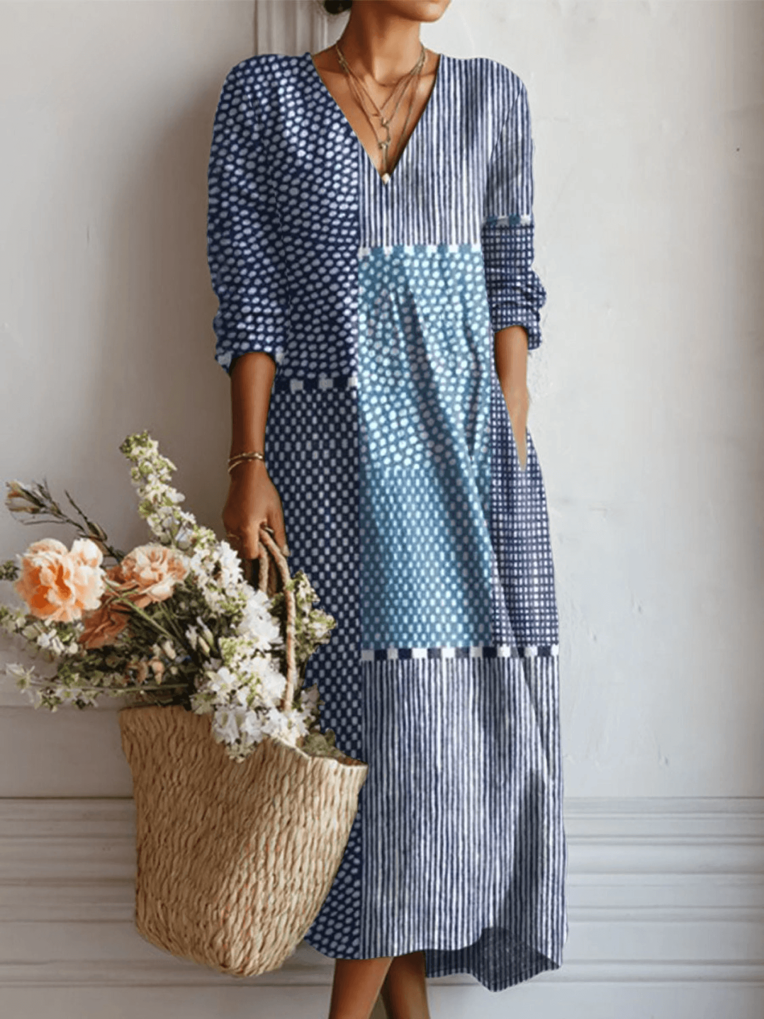 Vintage Geometric Patchwork Print Linen Fall Dresses with Pockets