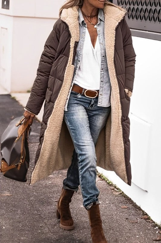 Reversible Teddy-Lined Longline Puffer Winter Coat with Hood