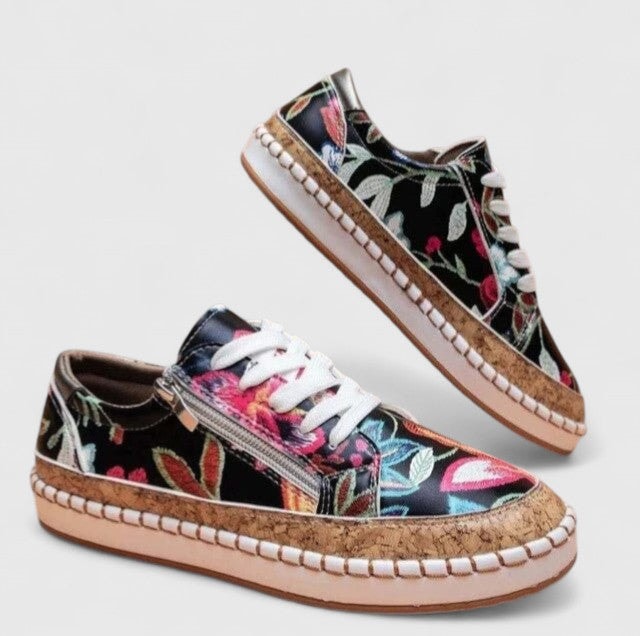 Floral Embroidered Platform Sneakers with Cork Sole for Women
