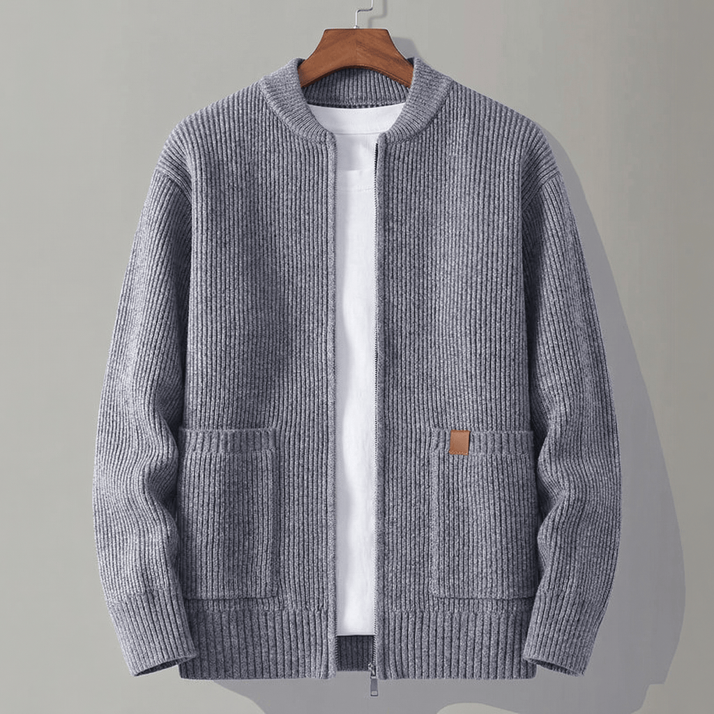 Men's Ribbed Knit Zip-Up Cardigan with Stand Collar and Patch Pockets