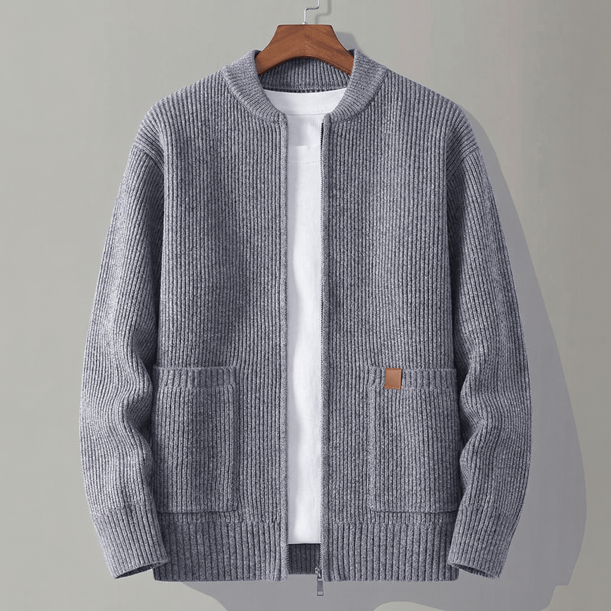 Men's Ribbed Knit Zip-Up Cardigan with Stand Collar and Patch Pockets