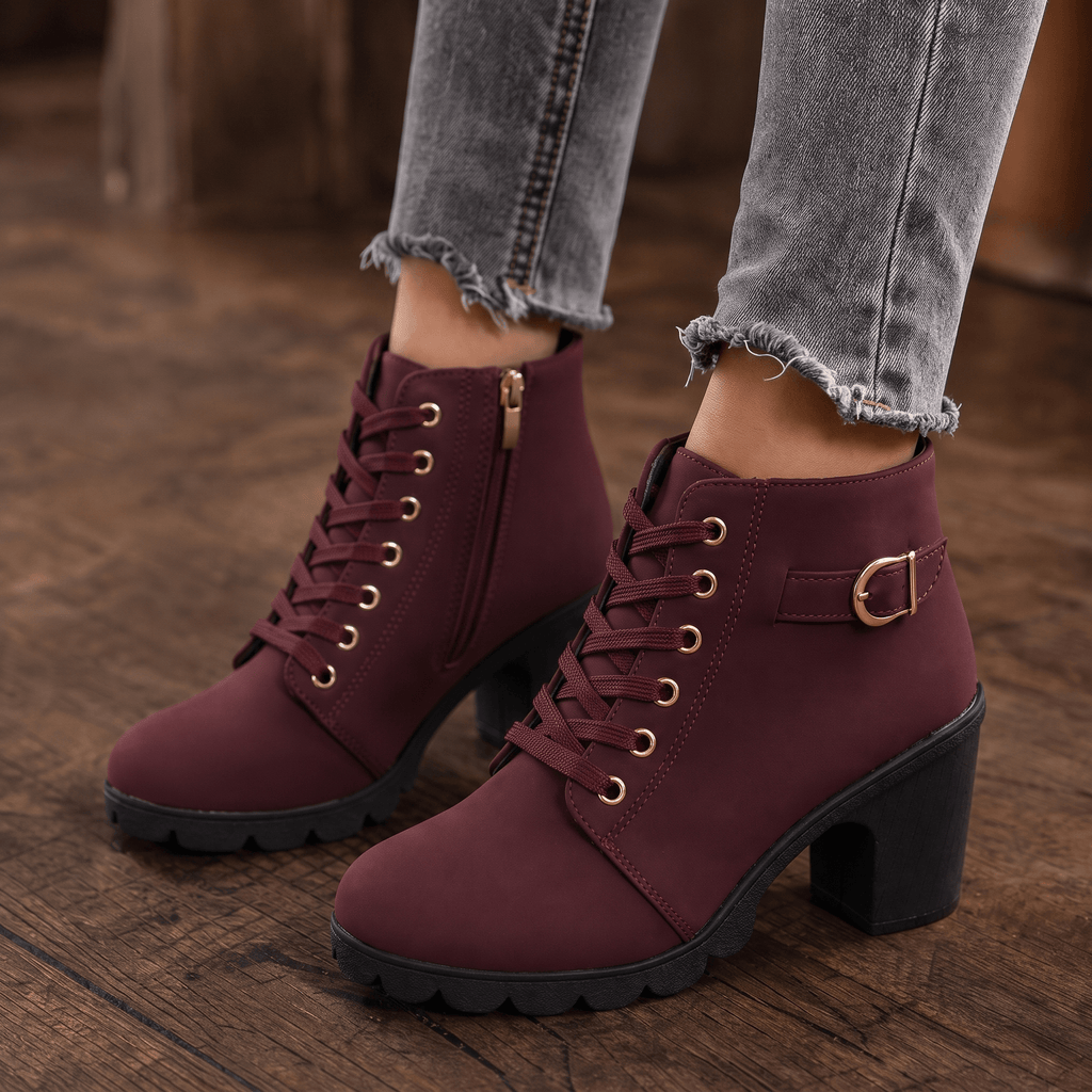 Women's Lace-Up Chunky Block Heel Ankle Boots with Side Zipper and Buckle Strap
