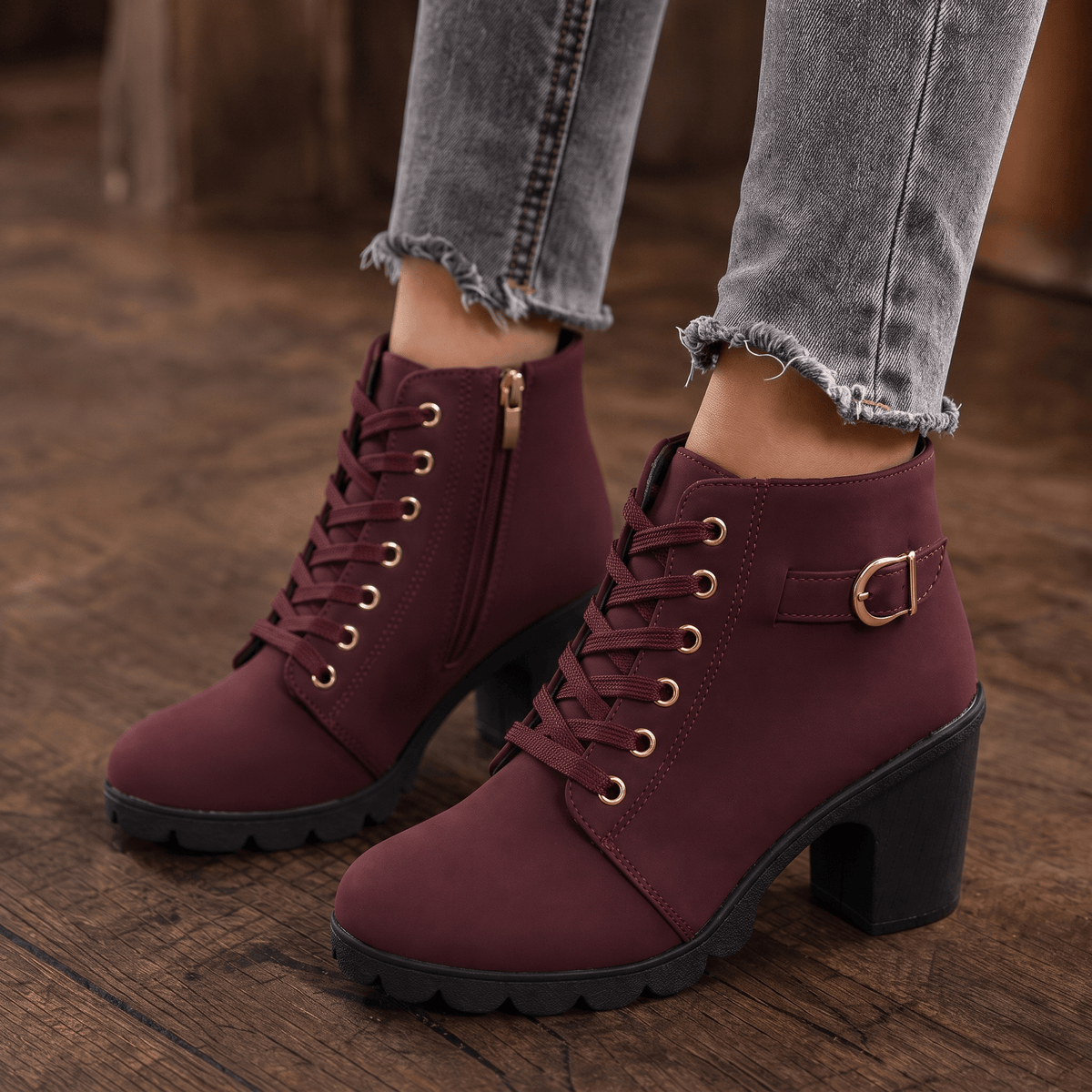 Women's Lace-Up Chunky Block Heel Ankle Boots with Side Zipper and Buckle Strap