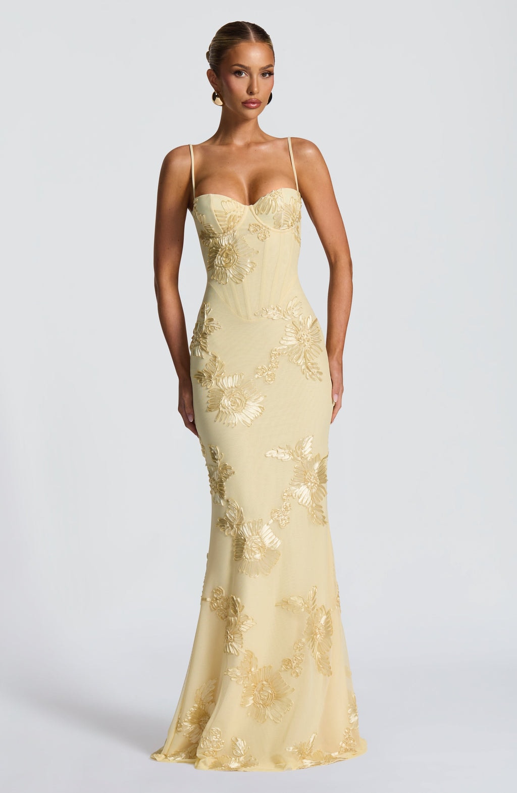 Women's Floral Embroidered Corset Maxi Dress with Spaghetti Straps
