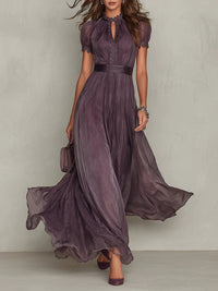 Women's Lace Trim Gathered Waist Ombre Chiffon Maxi Dress for Fall