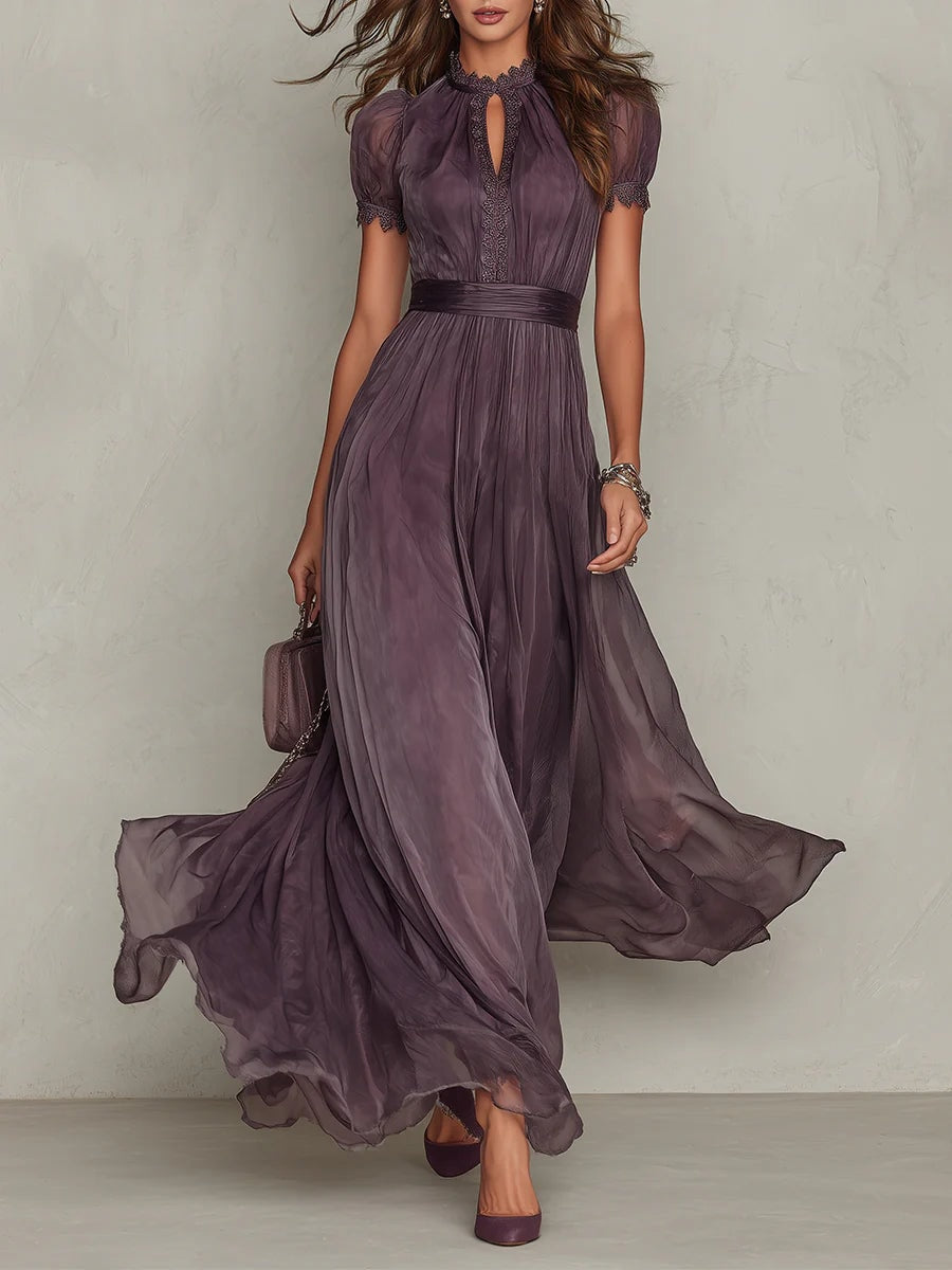 Lace Trim Gathered Waist Maxi Fall Dresses for Women Wedding Guest Events