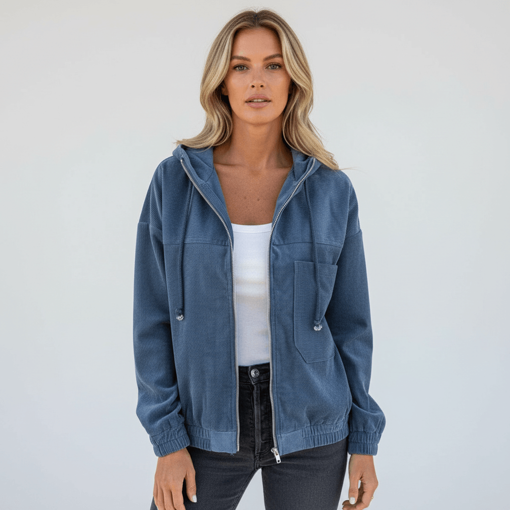 Women's Lightweight Hooded Corduroy Zip-Up Jacket with Chest Pocket and Elastic Cuffs