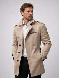 Men's Single-Breasted Mid-Length Belted Trench Coat with Epaulettes and Zip Chest Pocket
