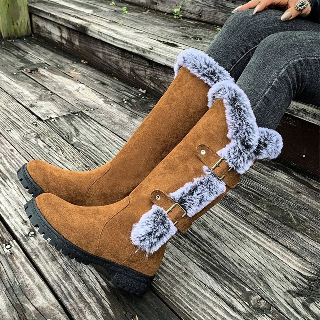 Women's Knee-High Faux Suede Boots with Buckle Straps and Plush Fur Trim