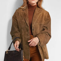 Women's Faux Suede Tailored Blazer with Notched Lapels and Flap Pockets