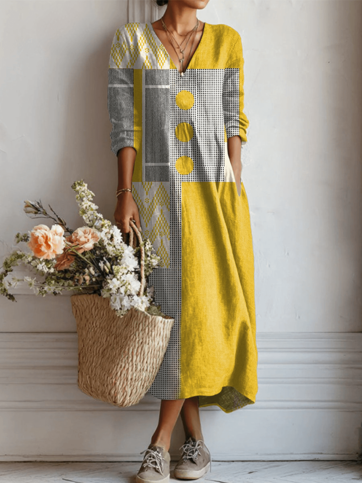 Vintage Geometric Print Linen Pocket Tunic Fall Dress for Women