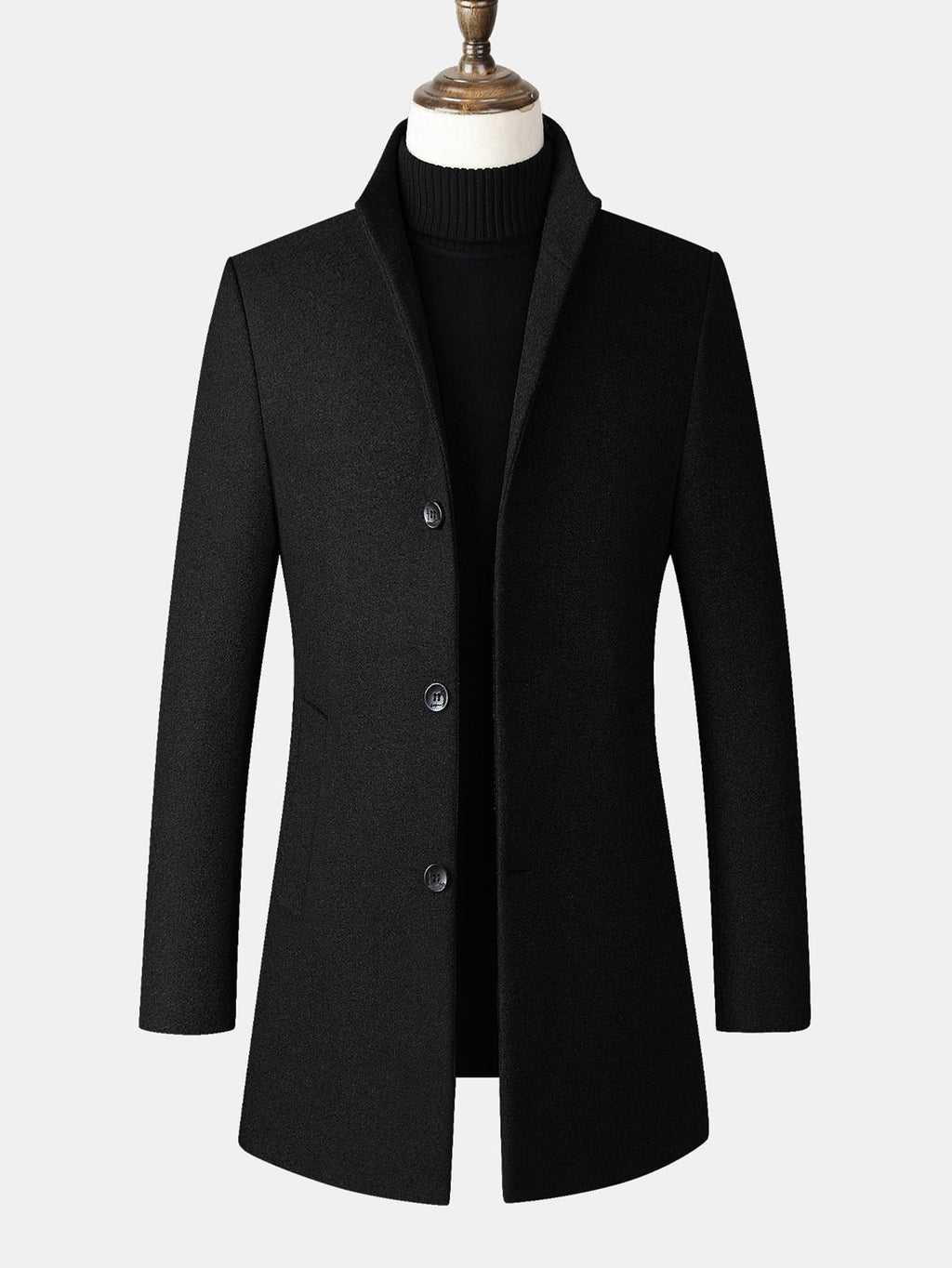 Men's Tailored Long Wool Blend Winter Coat with Stand Collar and Button Front