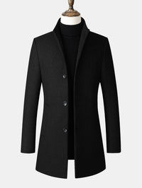 Men's Tailored Long Wool Blend Winter Coat with Stand Collar and Button Front