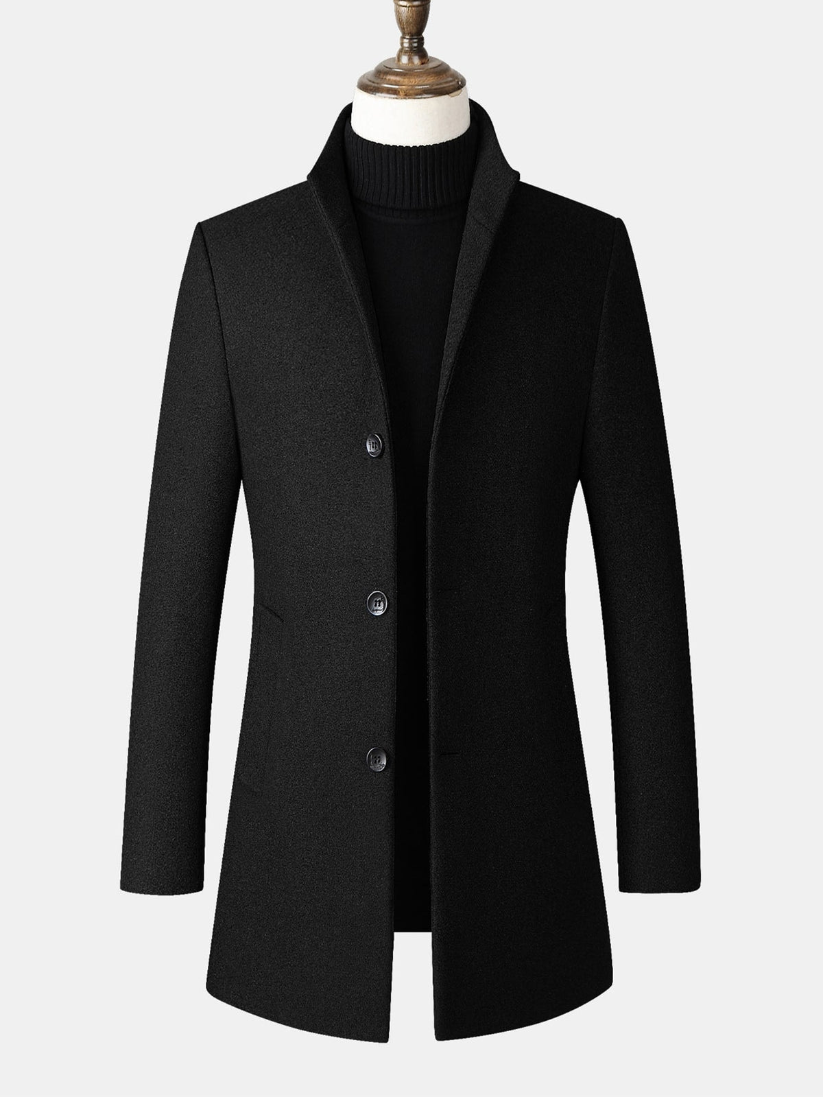 Men's Tailored Long Wool Blend Winter Coat with Stand Collar and Button Front