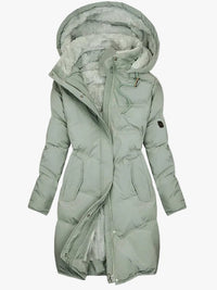 Women's Long Quilted Puffer Jacket with Faux Fur Hood and Zip Placket
