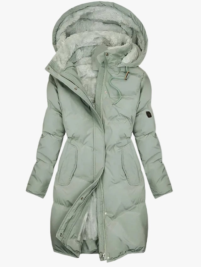 Long Quilted Puffer Jacket with Faux Fur Hood and Zip Placket