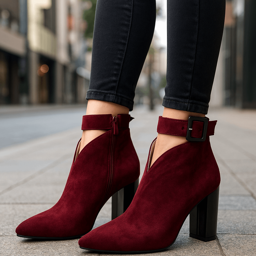 Women's Suede Ankle Boots with V-Cut Front and Buckle Strap Block Heel