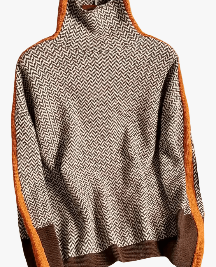 Herringbone Turtleneck Oversized Sweater with Striped Sleeve Panels