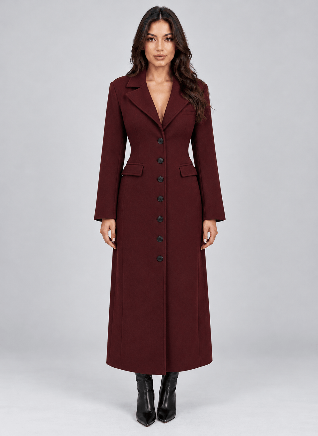 Women's Long Belted Winter Coat with Notched Lapel and Flap Pockets