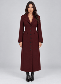 Women's Long Belted Winter Coat with Notched Lapel and Flap Pockets