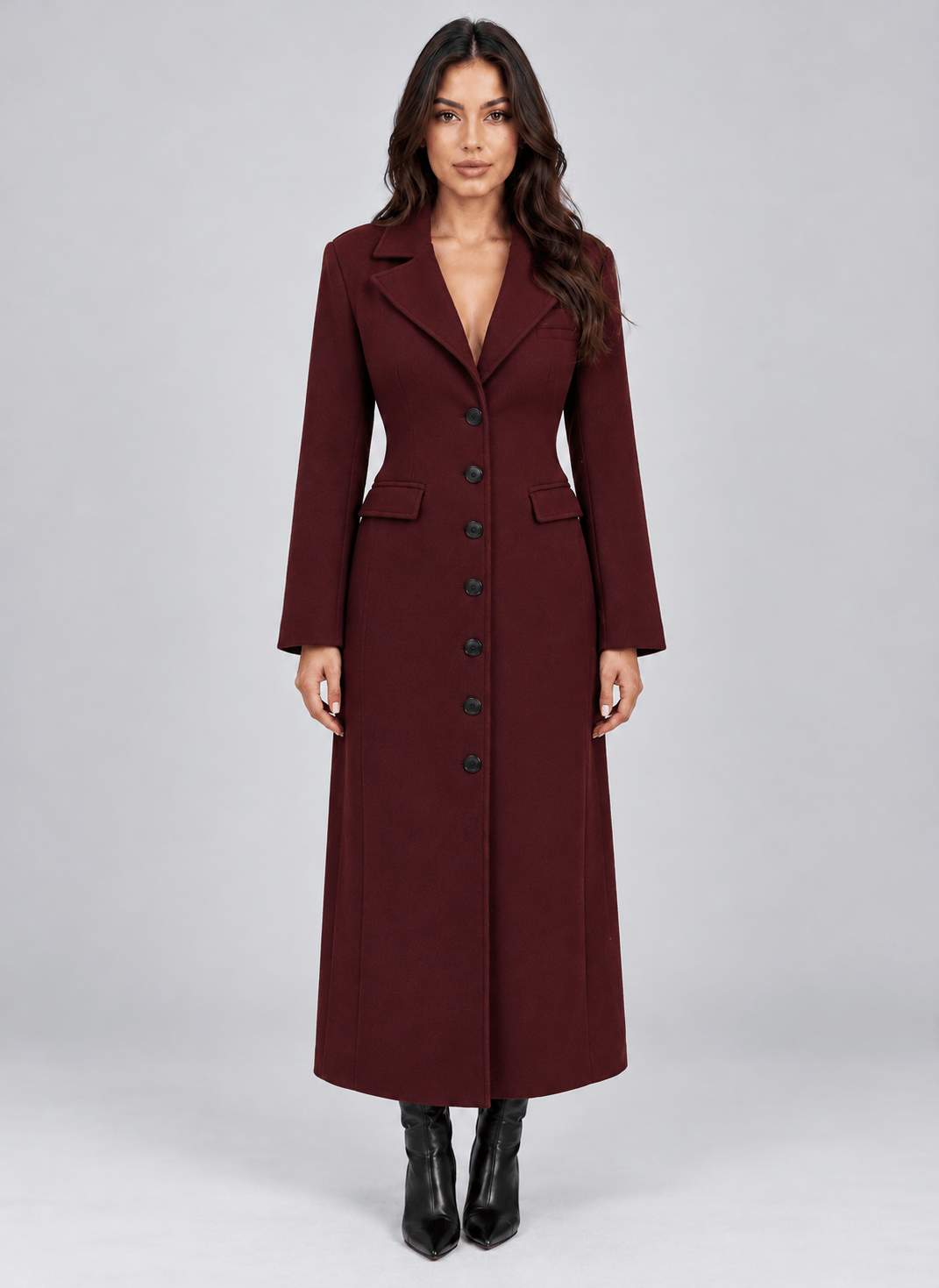 Women's Long Belted Winter Coat with Notched Lapel and Flap Pockets