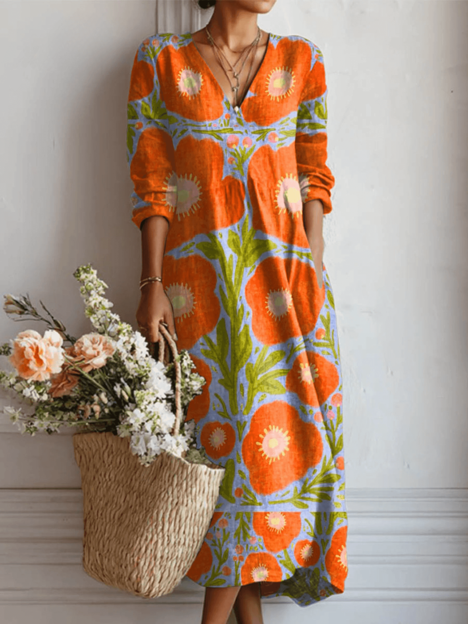 Vintage Floral Print Cotton Linen Fall Dresses with Pockets