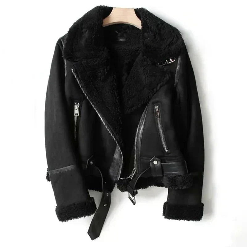 Sherpa-Lined Faux Leather Biker Jacket Among Fall Jackets Women Wear for Winter