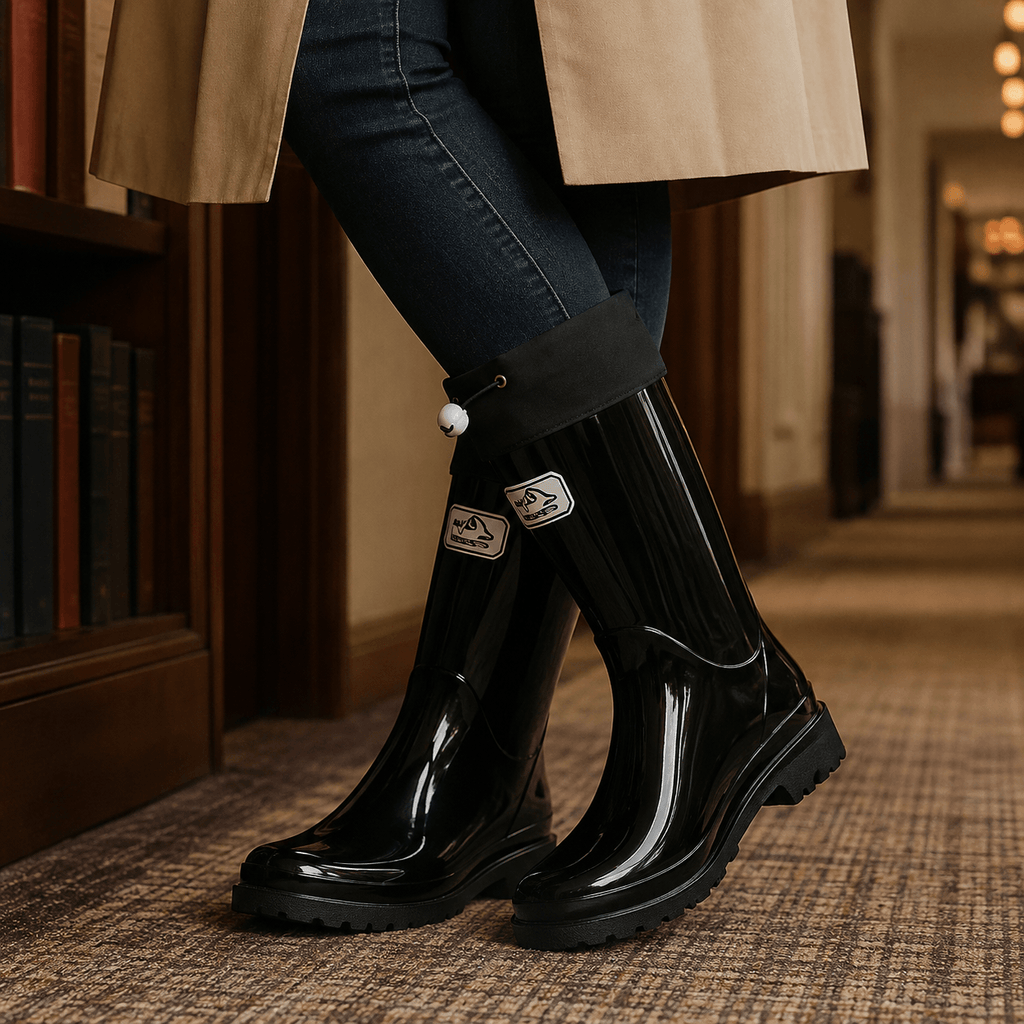 Knee-High Glossy Rubber Rain Boots with Drawstring Cuff
