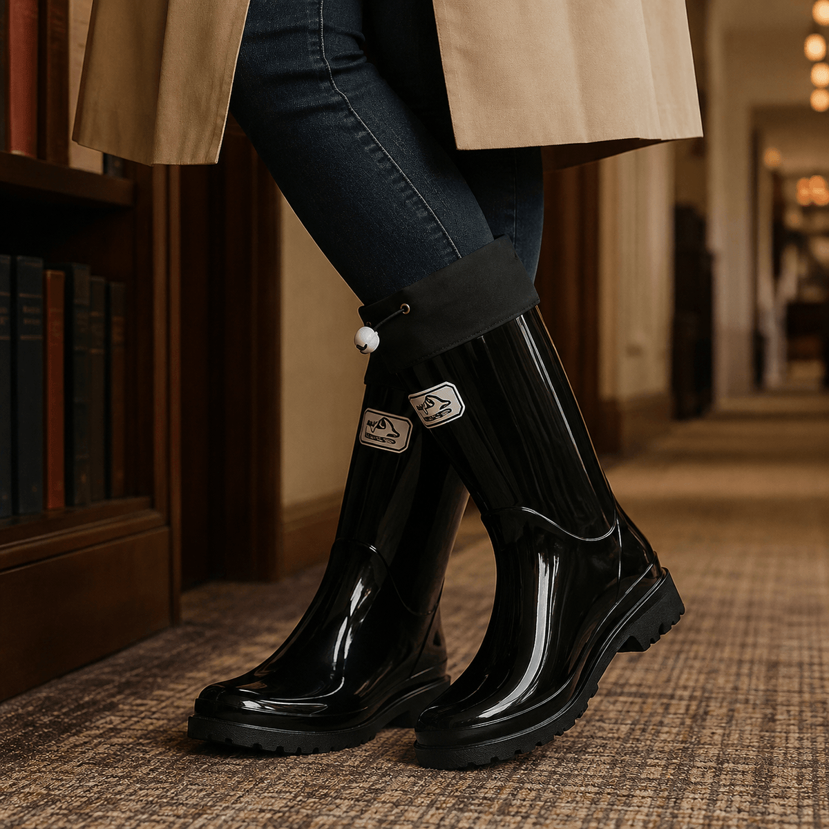 Knee-High Glossy Rubber Rain Boots with Drawstring Cuff