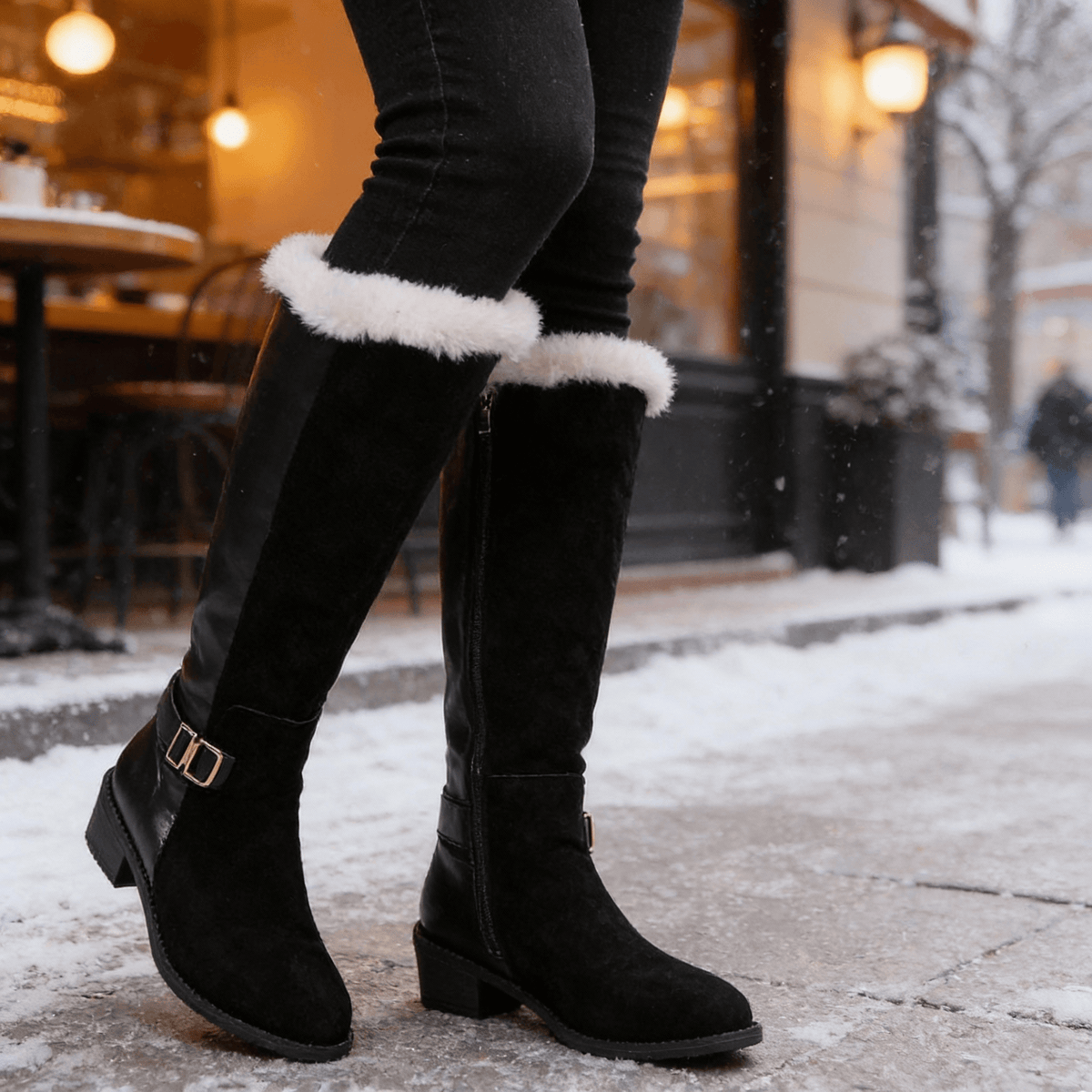 Velara Women's Black Fleece-Lined Knee-High Boots with Block Heel