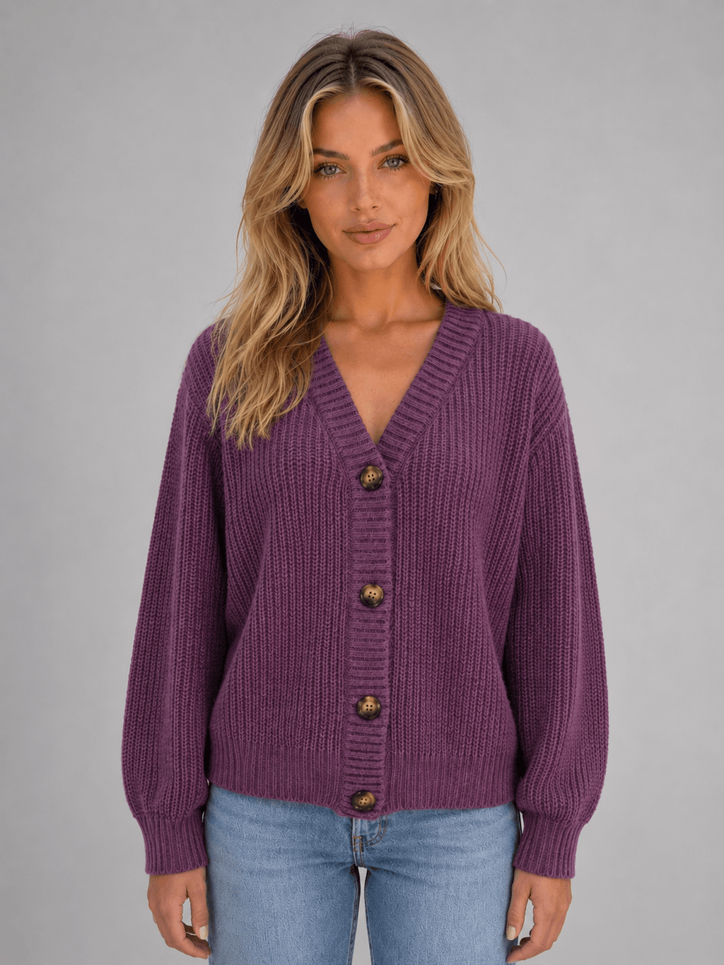 Women's Chunky Ribbed Knit V-Neck Cardigan with Oversized Buttons and Relaxed Sleeves