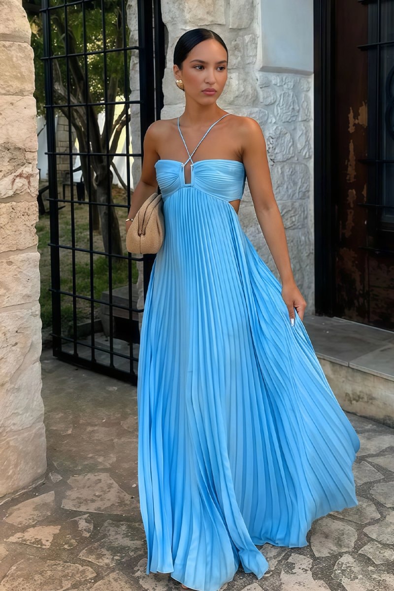 Halter Pleated Satin Maxi Dress for Homecoming Dresses Events
