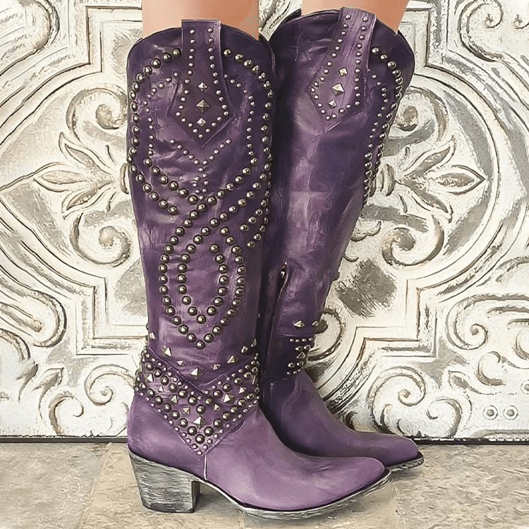 Studded Knee-High Pointed-Toe Brown Leather Boots for Fall