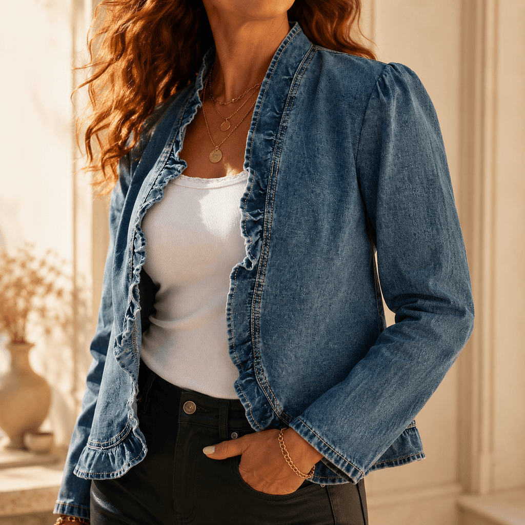 Ruffle-Trim Open-Front Denim Jacket for Women