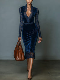 Women's Velvet Midi Cocktail Dress with Long Sleeves and Lace Trim at Neckline