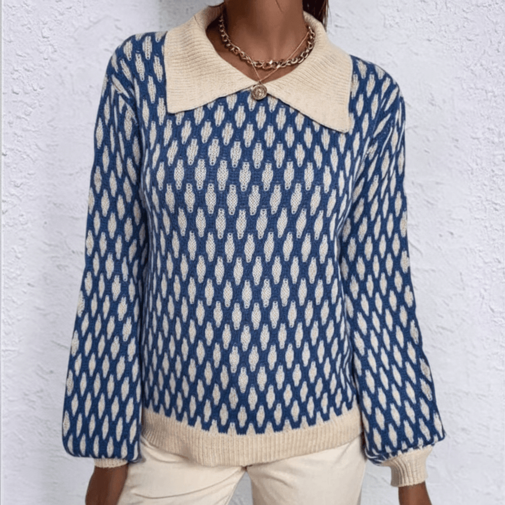 Women's Geometric Knit Sweater with Contrast Collar and Long Lantern Sleeves