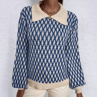 Women's Geometric Knit Sweater with Contrast Collar and Long Lantern Sleeves