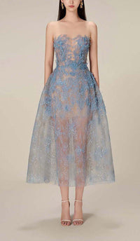 Joelle Floral Lace Embroidery Strapless Midi Homecoming Dress