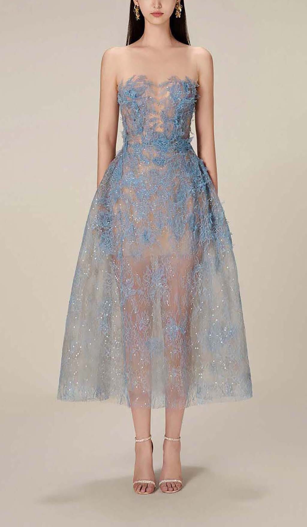 Joelle Floral Lace Embroidery Strapless Midi Homecoming Dresses