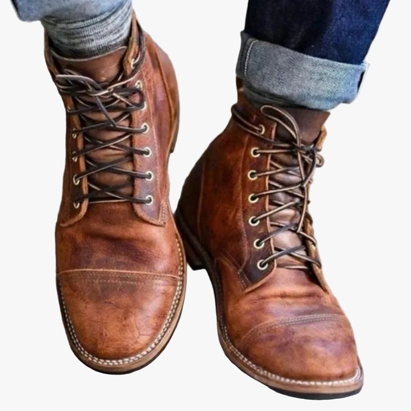 Men's Brown Lace-Up Cap Toe Ankle Boots with Stacked Heel