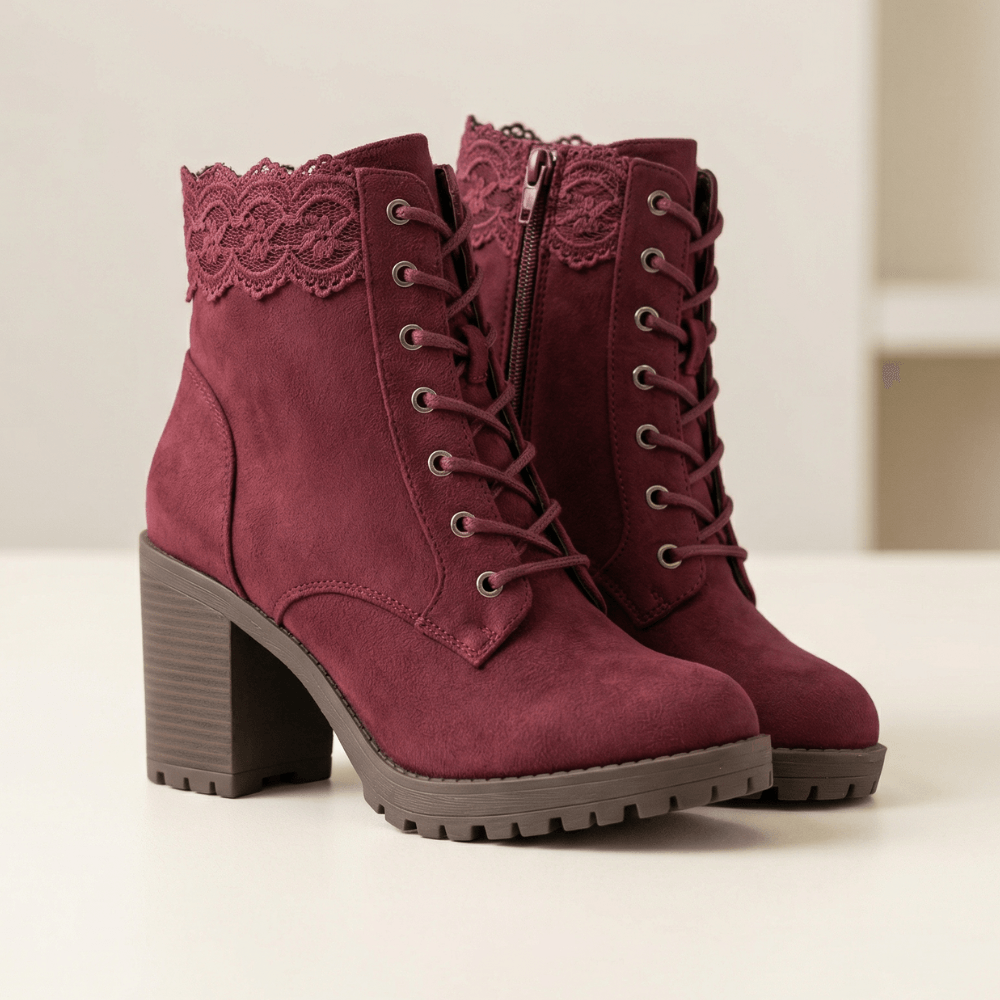 Lacelle Lace-Trim Suede Women's Ankle Boots with Chunky Block Heel