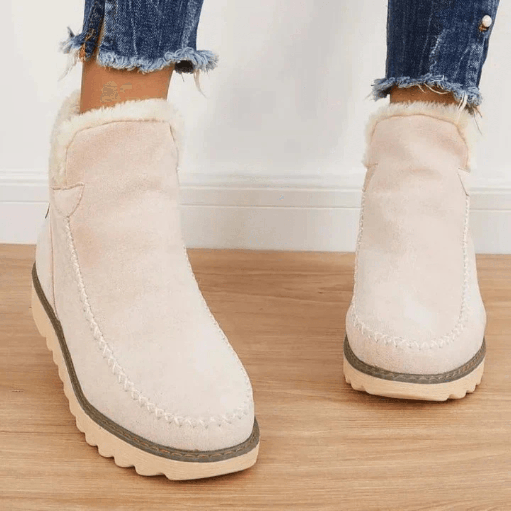Women's Fur-Lined Suede Winter Ankle Boots with Moc-Toe Stitching