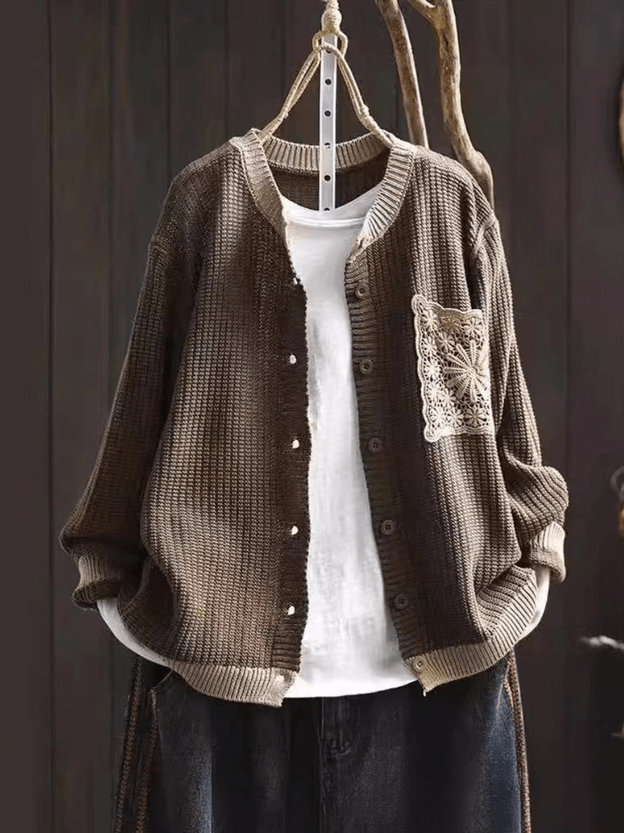 Women's Cardigan in Textured Knit with Lace Chest Pocket and Button Front