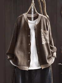 Women's Cardigan in Textured Knit with Lace Chest Pocket and Button Front