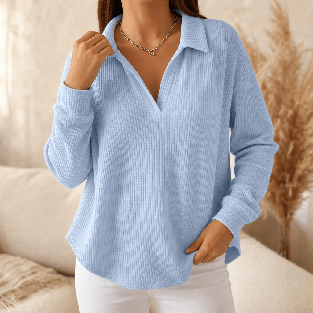 Women's Oversized Waffle-Knit Long-Sleeve V-Neck Sweater with Collar