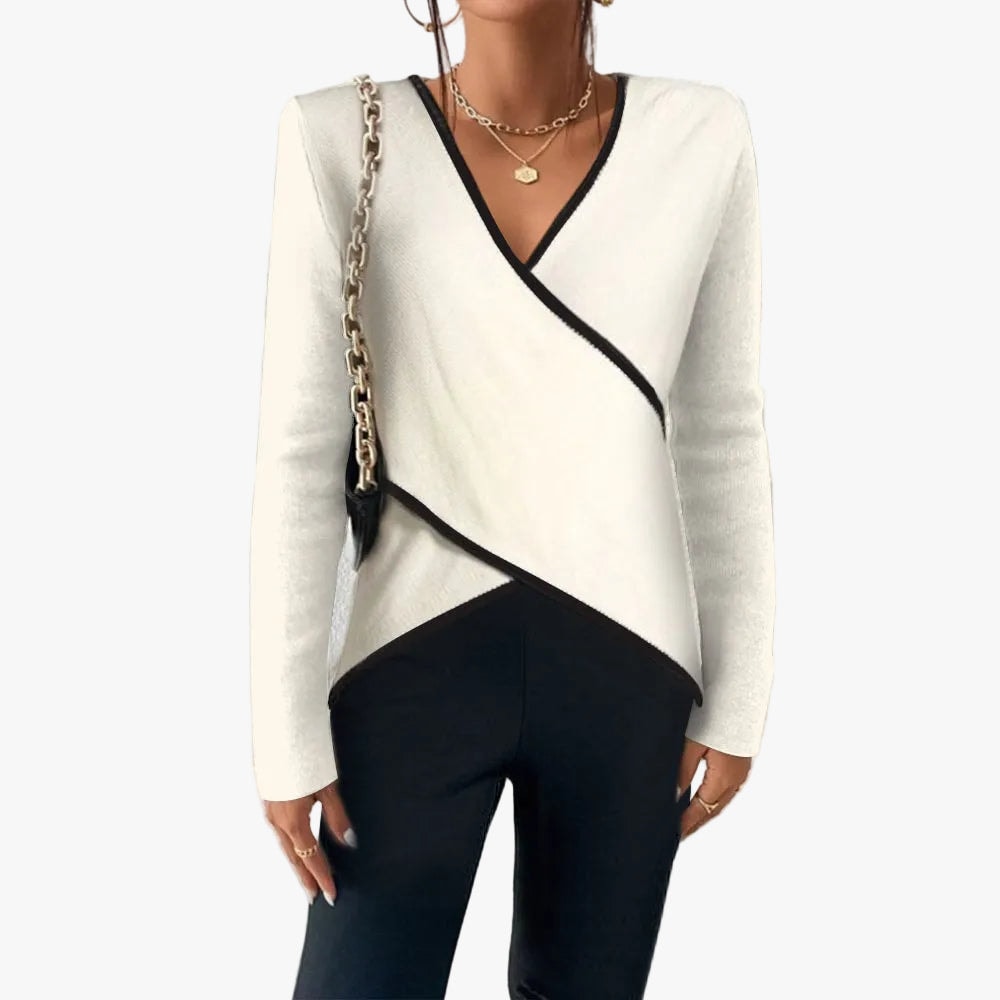 Women's Wrap Front V Neck Knit Sweater with Colorblock Contrast Trim